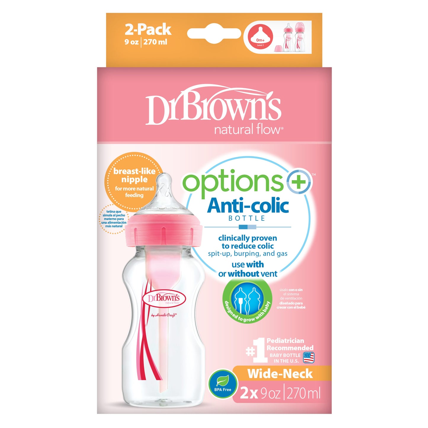Dúo de Biberones Rosado 9 onzas Options+ Cuello Ancho - Glam Babies GT
